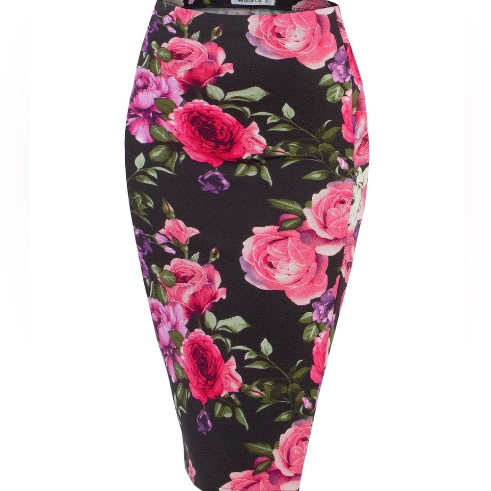 Doublju Black Pencil Skirt with Pink & Purple Floral Print